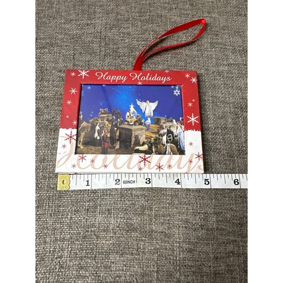 Nativity Scene Christmas Ornament w/ Red Ribbon Photo Frame Happy Holidays - Picture 3 of 6